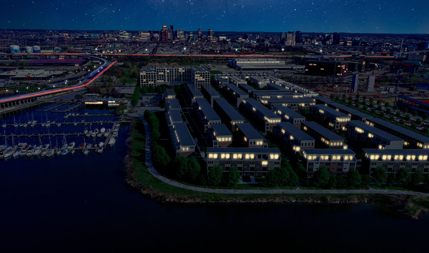 Night View of Locke Landing Baltimore Waterfront 3D Rendering