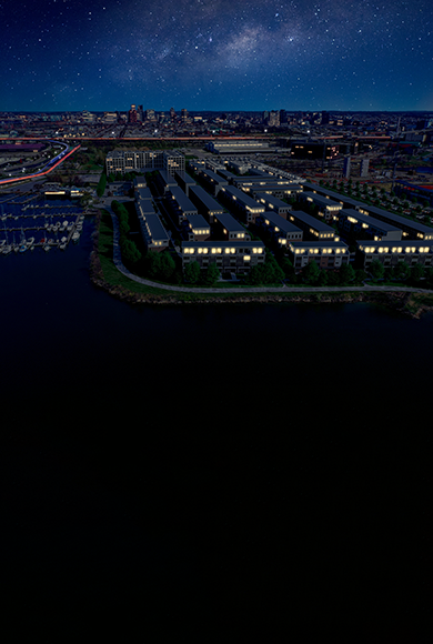 Night View of Locke Landing Baltimore Waterfront 3D Rendering